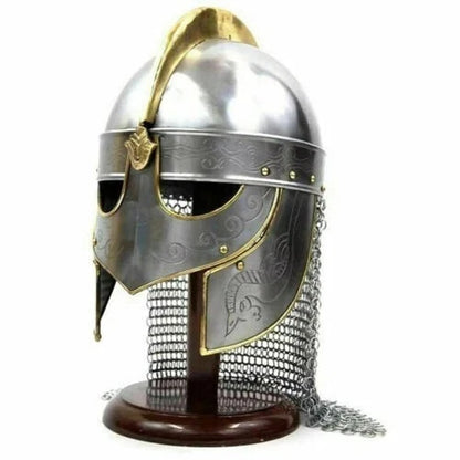 Front view of handmade medieval Viking helmet with chainmail, crafted from 18 gauge iron steel