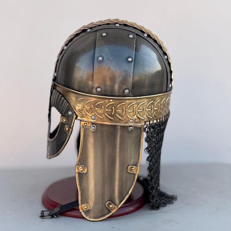 Medieval Viking helmet displayed on a wooden stand for collectors