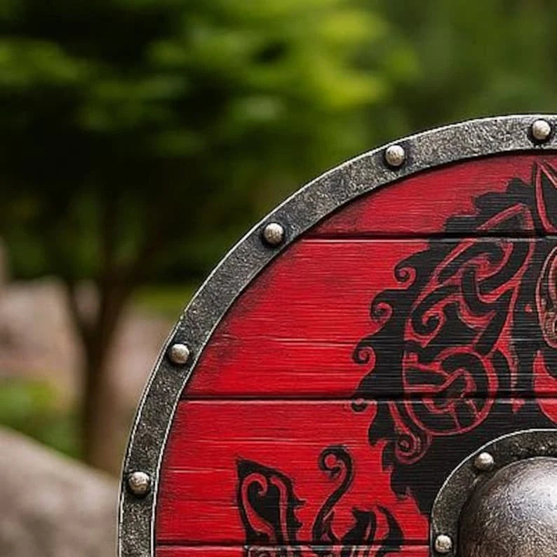 Medieval Viking shield with black dragon design ideal for cosplay, display, and collection