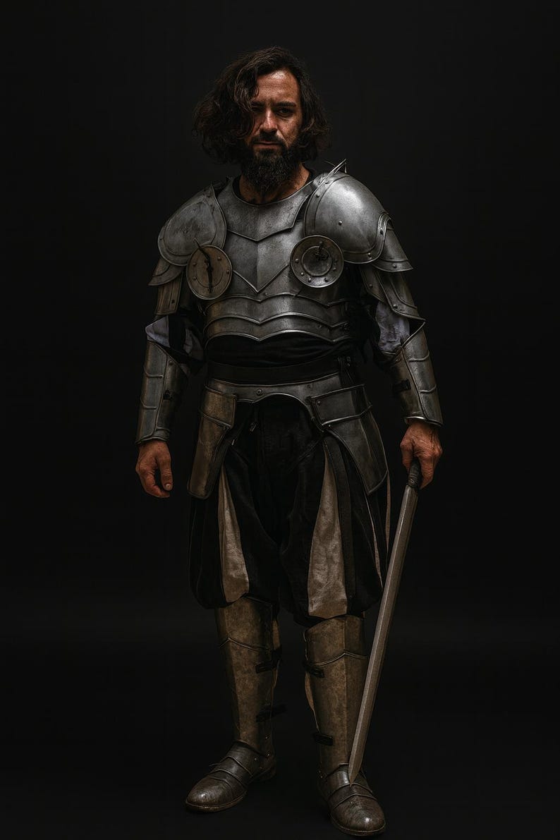 Medieval warrior armor cosplay costume featuring adjustable leather straps and shoulder plates