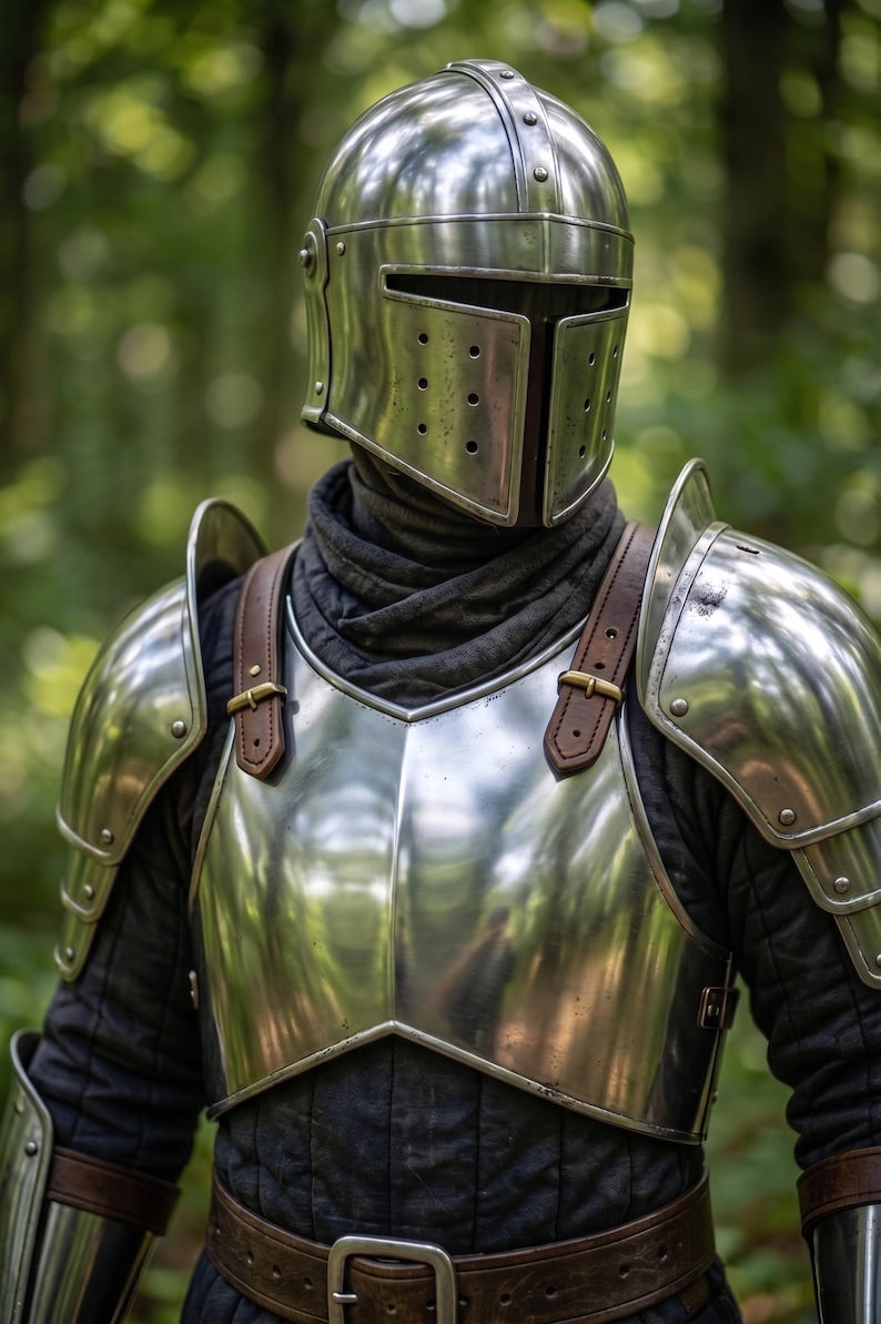 Full body Medieval Warrior Battle Costume with Barbuta Knight Armor for Renaissance Faire, cosplay, and reenactment