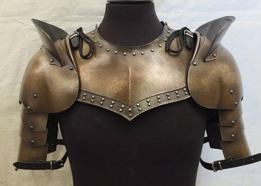Front View of Medieval Warrior Pauldrons and Gorget Armor – Knight LARP Cosplay by Artisans Hub

