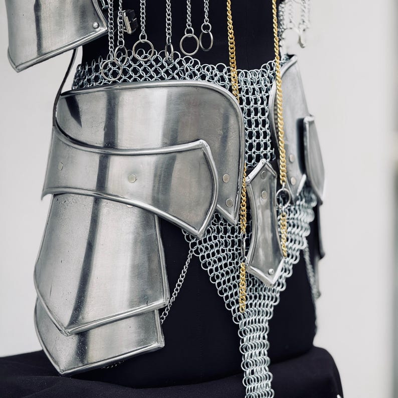 Close-up of Medieval Knight Armor Set for Women - Cuirass with Tassets, Pauldrons, and Gorget for Cosplay and LARP