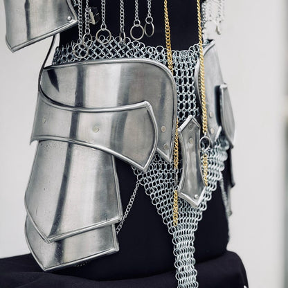 Close-up of Medieval Knight Armor Set for Women - Cuirass with Tassets, Pauldrons, and Gorget for Cosplay and LARP