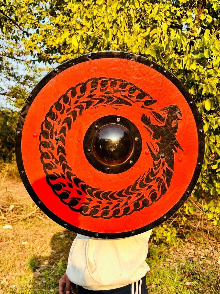 Viking shield mounted on wall as medieval Norse home or studio decor