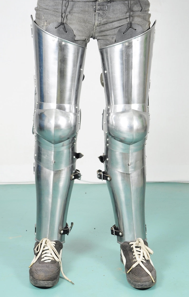 Men's Handmade German Gothic Steel Leg Armor – Front View for Medieval Knight Costume & LARP