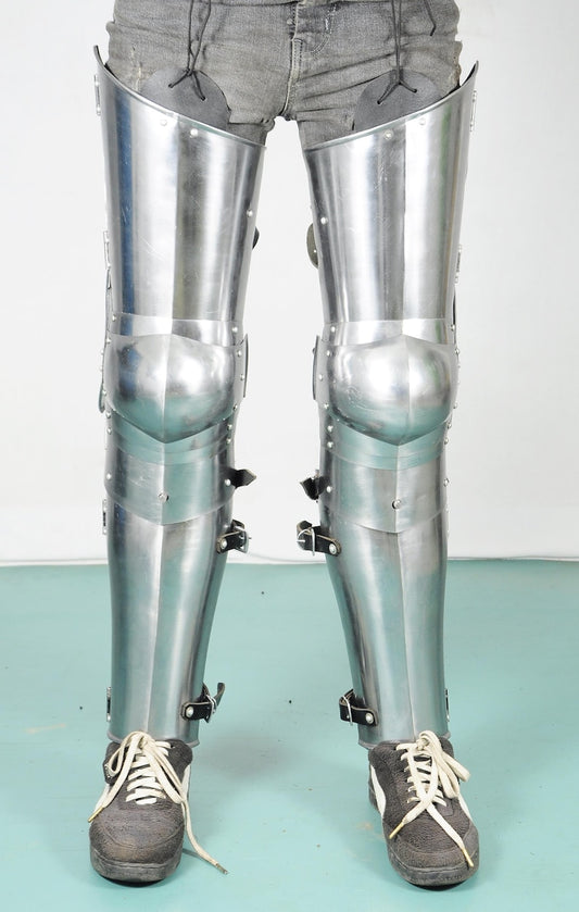Men's Handmade German Gothic Steel Leg Armor – Front View for Medieval Knight Costume & LARP