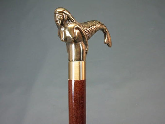 Mermaid brass head handle walking stick with durable sheesham wood shaft