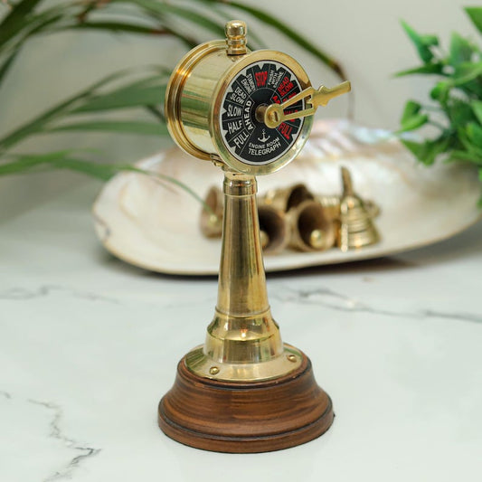 Miniature brass engine room telegraph – vintage nautical maritime décor with wooden base