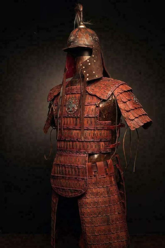 Front View of Mongol Leather Full Body Armor Kit – Tatami Style LARP Costume by Artisans Hub

