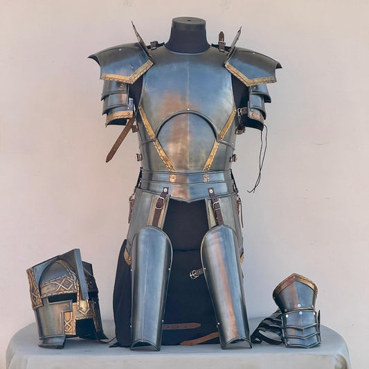 Moria Dwarf full body armor suit front view with helmet and cuirass