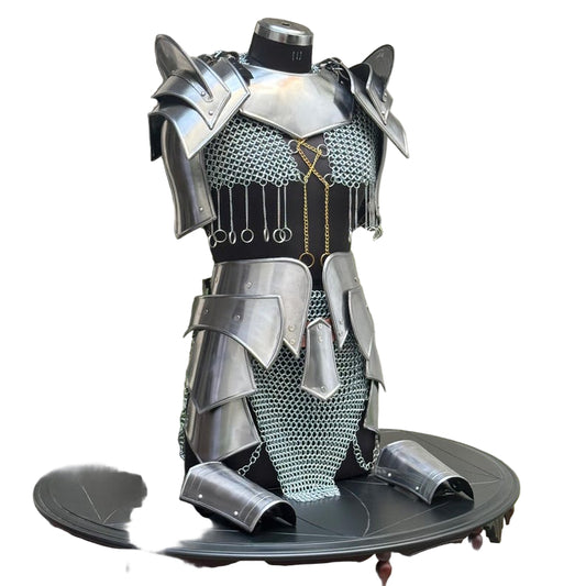 Mythic Valkyrie Warplate full armor set featuring silver chain and steel pieces for fantasy goddess cosplay and LARP gear