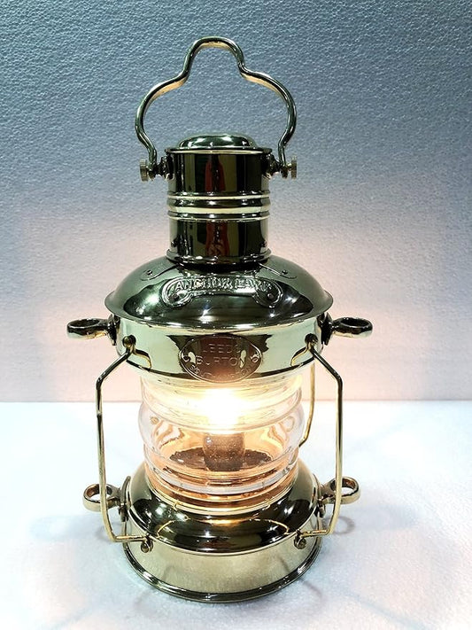 Front view of Nautical 12" Ship Lamp Boat Shiny Gold Brass Electric Lantern with glass enclosure