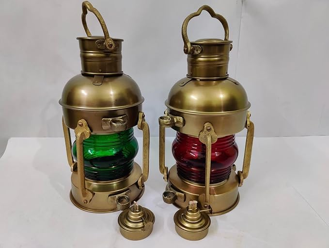 Nautical ship oil lamp with antique finish, brass and glass construction