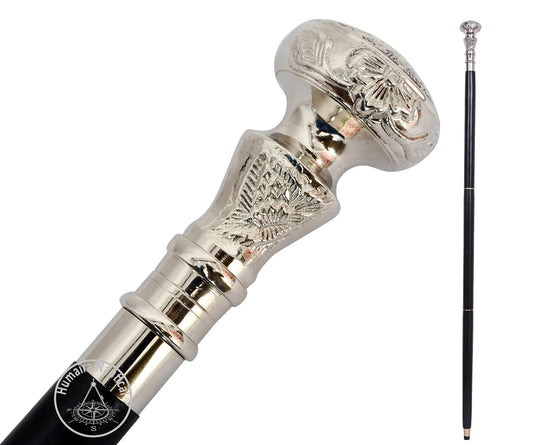 Nautical Vintage Antique Walking Cane full-length view with silver brass handle and wooden shaft
