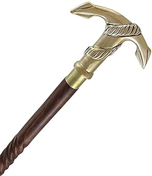 Nautical walking stick with brass anchor handle and polished wooden cane