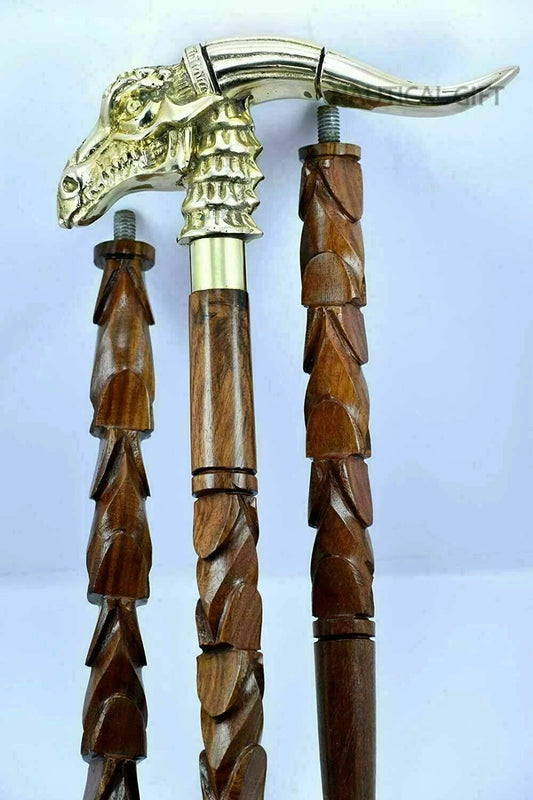 Nautical wooden antique walking stick with brass cyanic dragon head handle