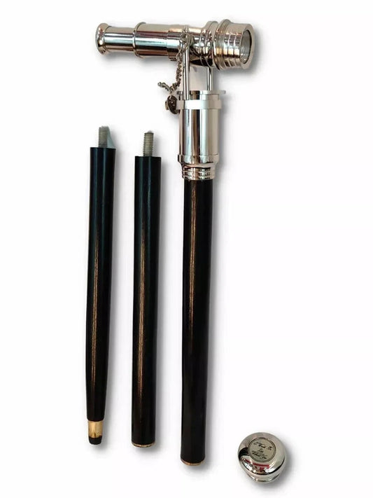 Nautical wooden walking stick with brass telescope handle