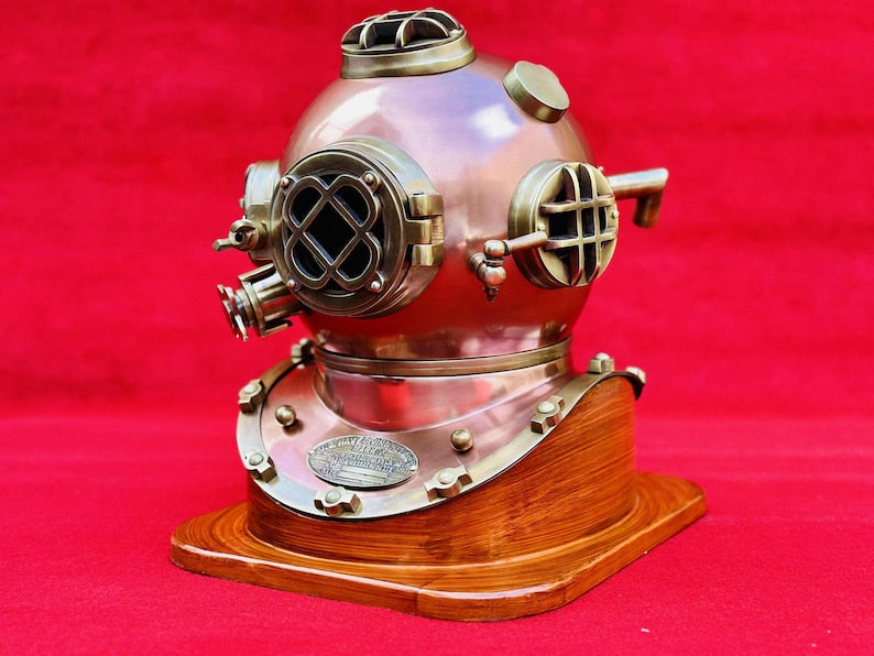 Close-up of U.S. Navy Mark V Diving Helmet showing steel and aluminum materials