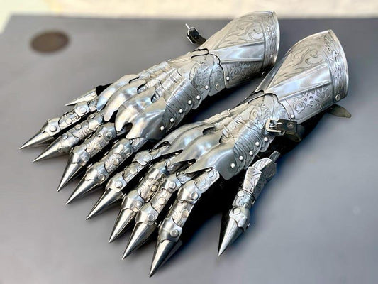 Nazgul-inspired etched gauntlet gloves with silver finish for medieval cosplay and LARP