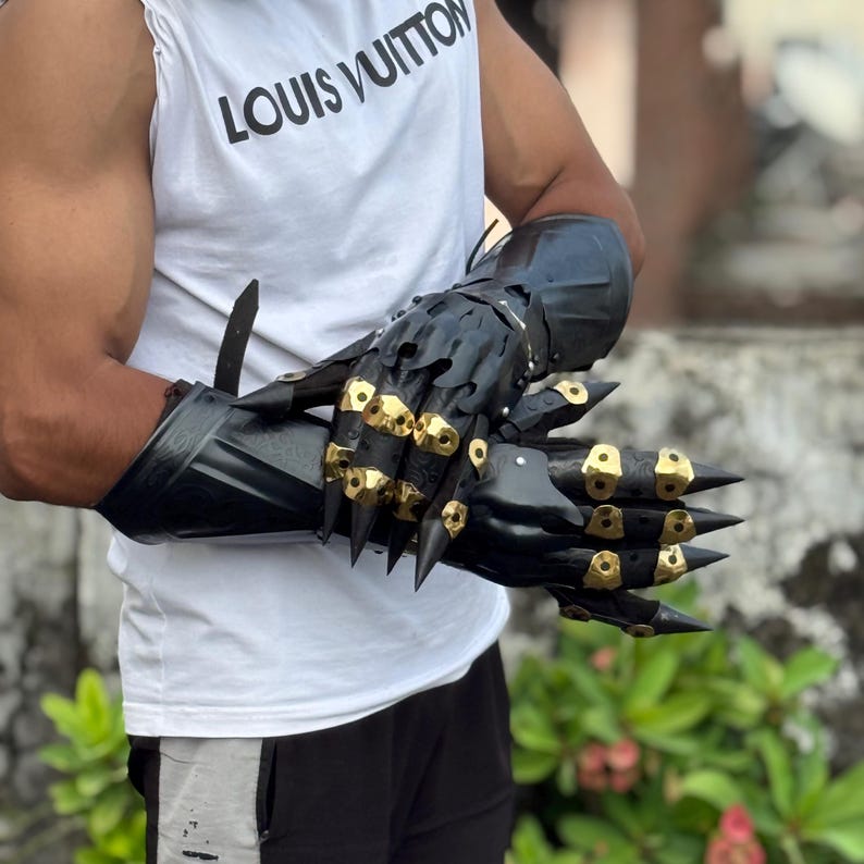 Nazgul etched gauntlets perfect for Renaissance fairs, medieval reenactments, and gothic cosplay events