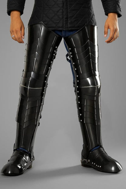 Nazgûl-Style Full Leg Armor Set front view with blackened steel finish