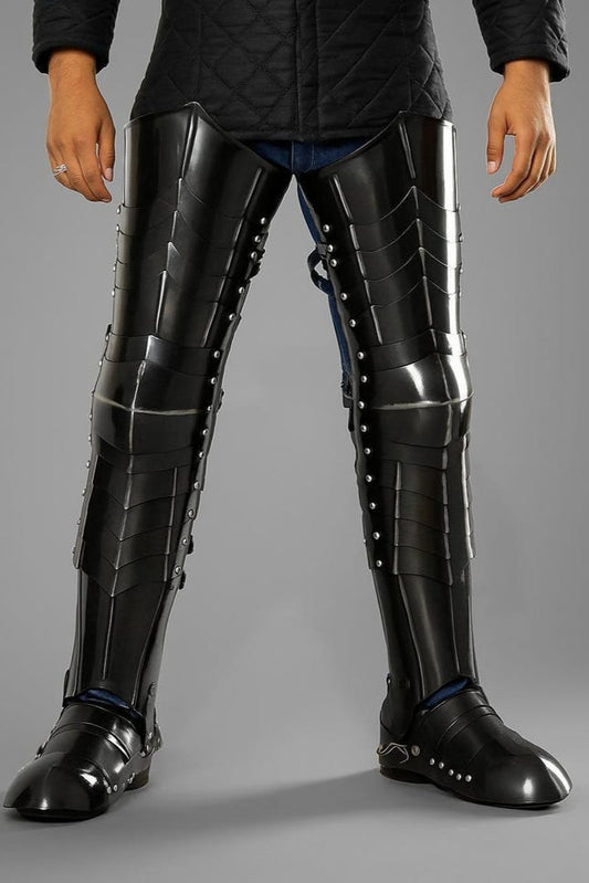 Nazgûl-Style Full Leg Armor Set front view with blackened steel finish