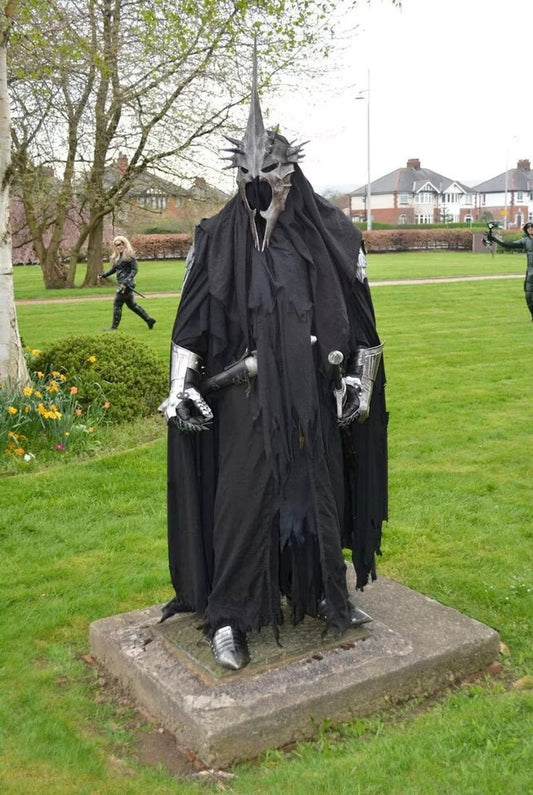 Front view of full-body Nazgul Witch King armor costume inspired by Lord of the Rings, wearable cosplay suit handcrafted by Artisans Hub.

