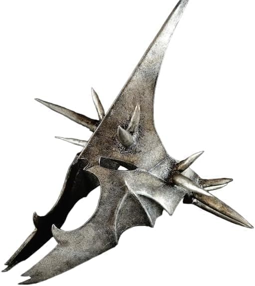 Front view of handmade Nazgul Witch King helmet with 7 iron spikes and dark medieval finish.