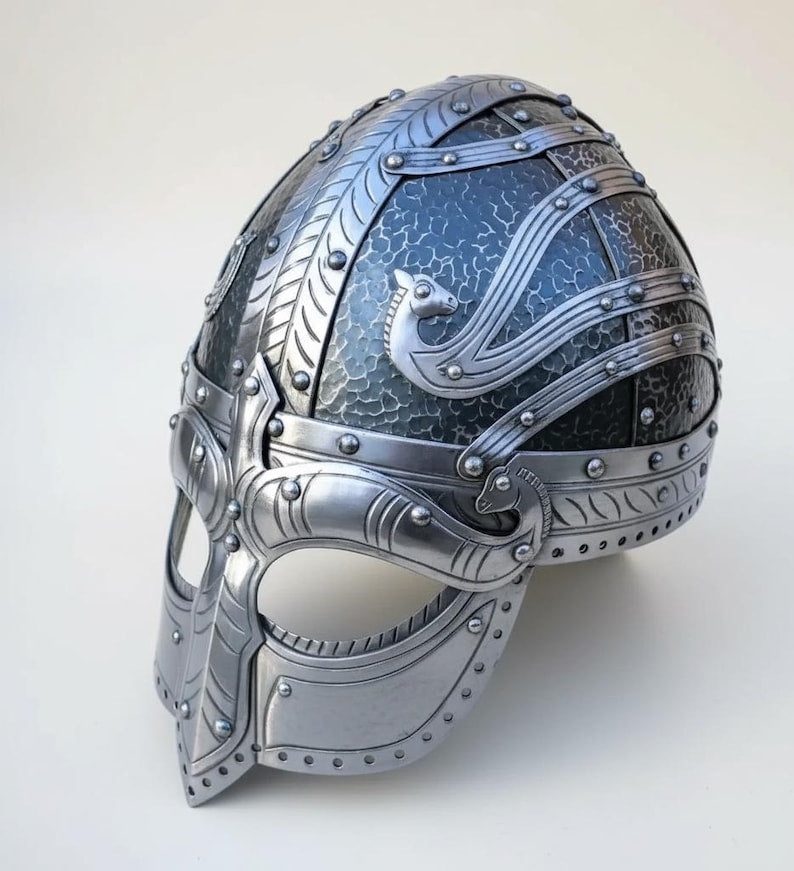 Nordic warrior Viking battle helm with dragon design for historical reenactment
