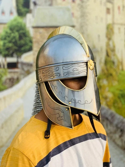 Side angle of Viking helmet designed as Norman knight battle armor, suitable for costumes and reenactments