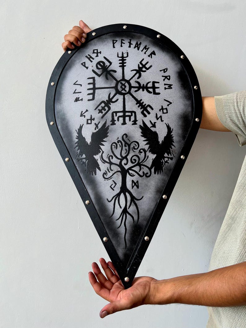 Norse mythology shield with ravens and Vegvisir symbol