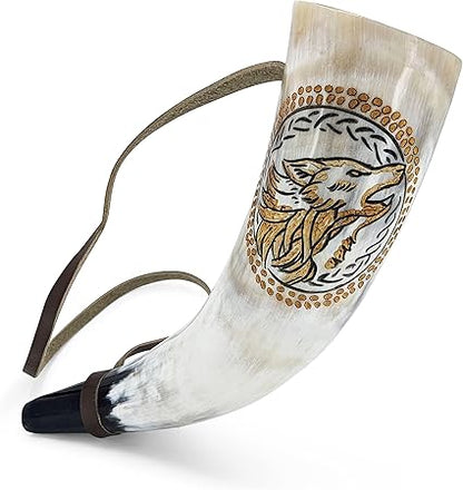 Norse Tradesman Viking War Horn full view with engraved Norse wolves