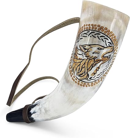 Norse Tradesman Viking War Horn full view with engraved Norse wolves
