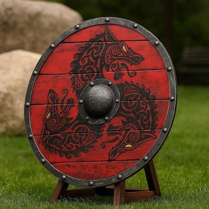 Norse warrior shield showing reinforced steel boss and durable handcrafted construction