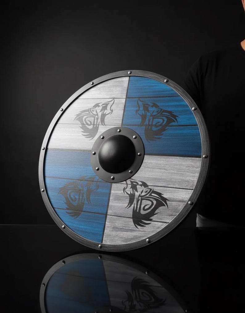 Norse Wolf Viking Shield round wooden shield designed for LARP cosplay, reenactment, and medieval warrior costume accessory