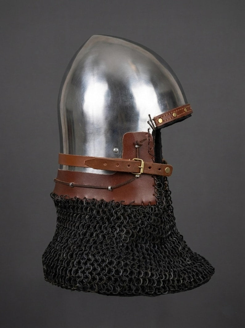 Nurnberg bascinet helmet chainmail detail on European knight armor replica