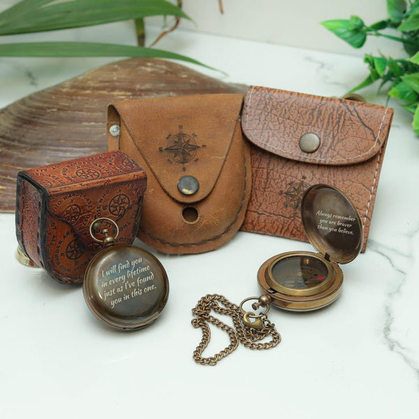 Personalized antique brass compass with engraved quote, a heartfelt gift for him