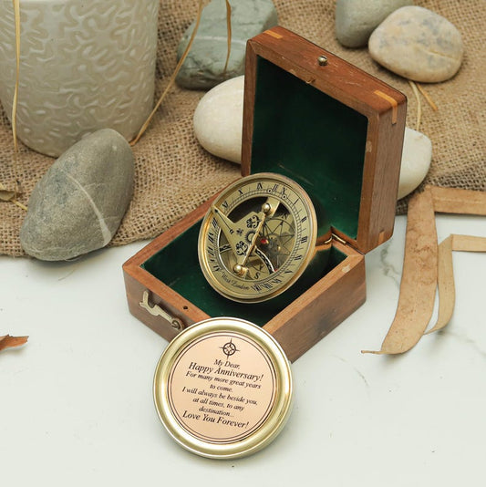 Personalized brass sundial compass gift with wooden box – romantic engraved anniversary keepsake.