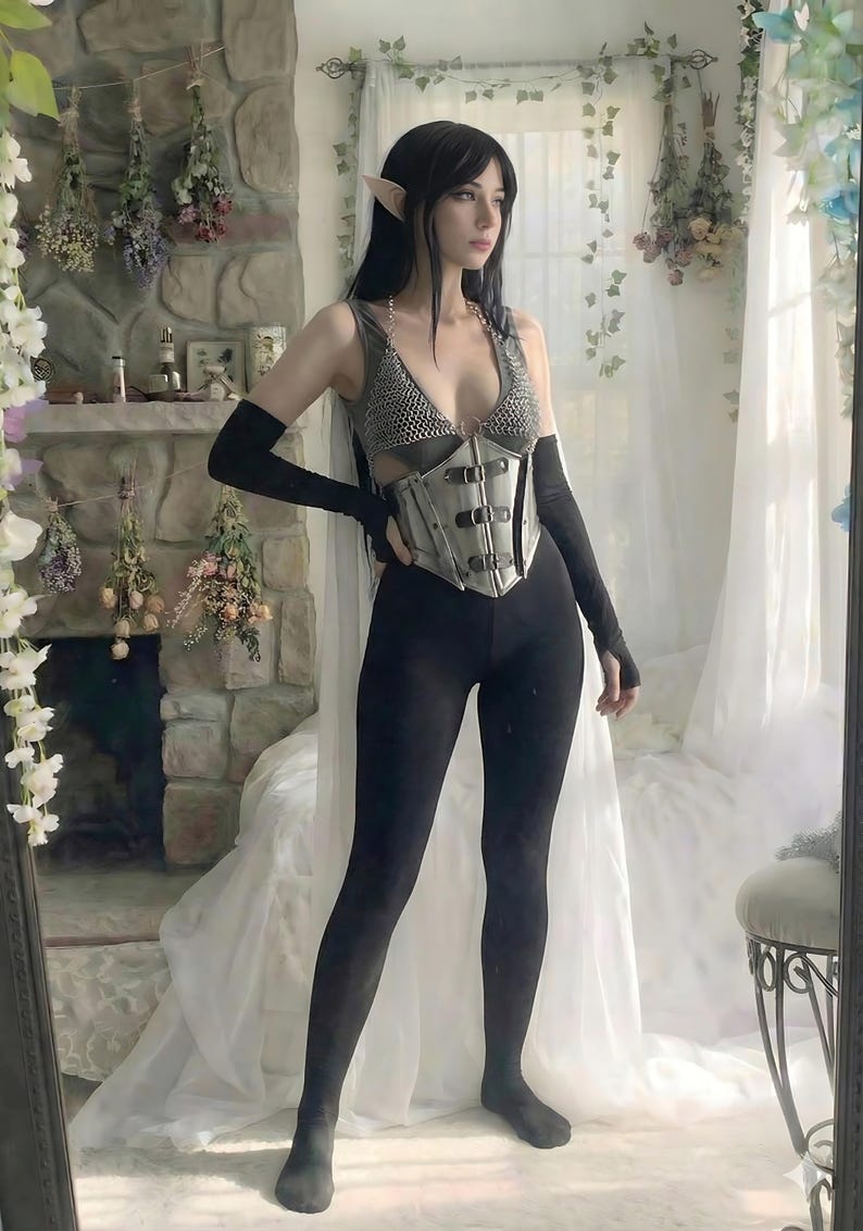 Photo shoot and stage performance female knight armor, handcrafted chainmail bra and steel corset cosplay