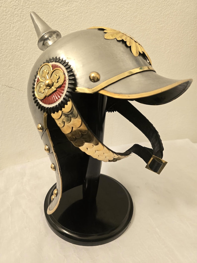 Pickelhaube replica as part of a historical military helmet collection