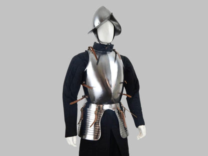 Pikeman’s armor set with Spanish helmet and steel breastplate for medieval cosplay and LARP