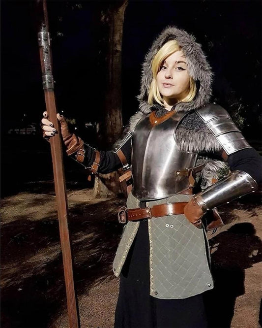 Front view of full polished steel medieval lady armor for cosplay and LARP

