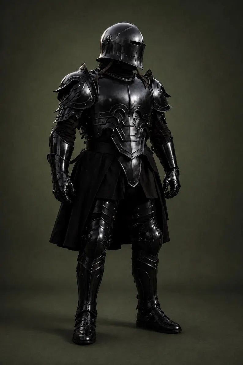 Polished steel knight armor with mirror-like finish and detailed rivet work
