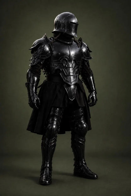 Polished steel knight armor with mirror-like finish and detailed rivet work