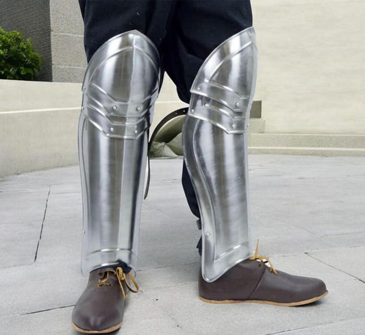 Front view of Polished Steel Knight Greaves showing full medieval leg armor design