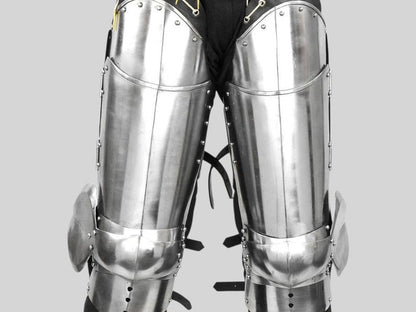 Full-length Medieval leg armor made from polished steel for LARP and cosplay

