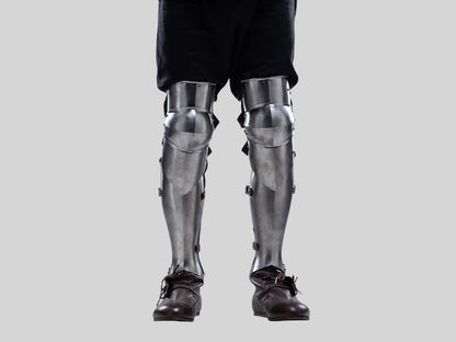 Polished steel leg greaves with knee protection for LARP and cosplay events

