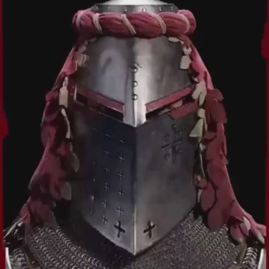 Steel Crusader Knight Helmet Showcase – Handcrafted Templar Style Helmet with Chainmail Aventail for Cosplay, LARP, and Medieval Collections.