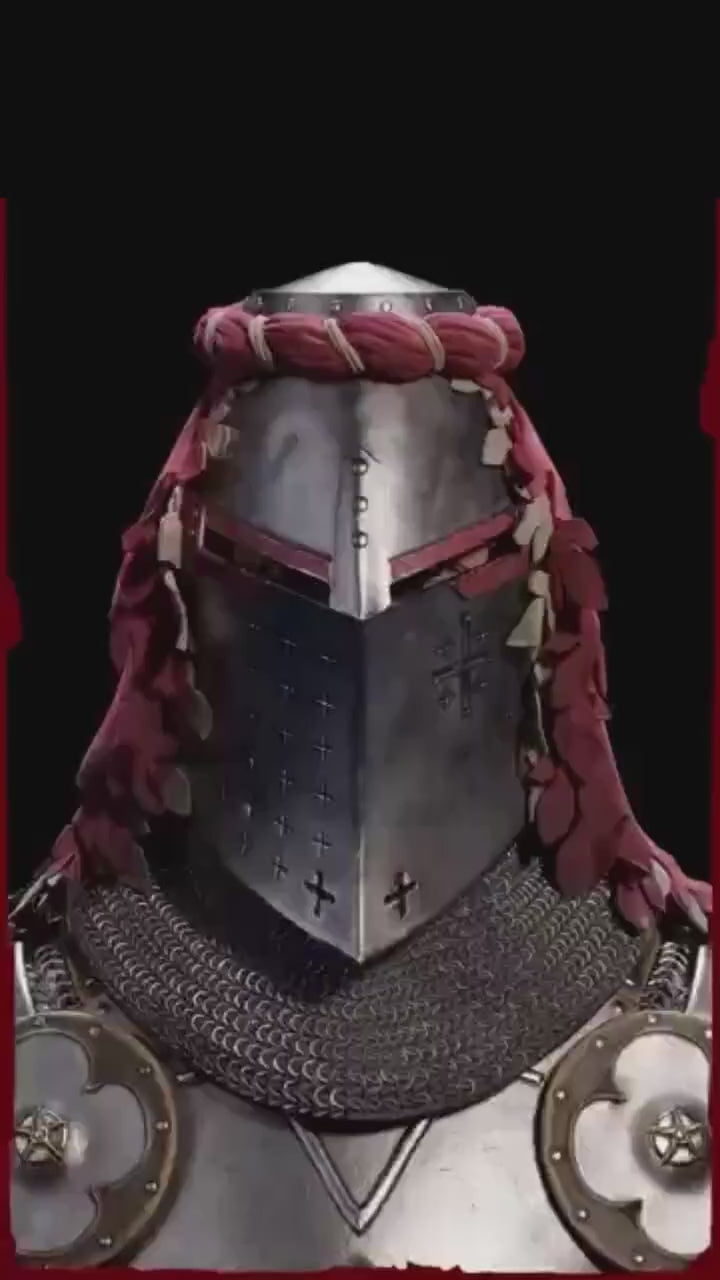 Steel Crusader Knight Helmet Showcase – Handcrafted Templar Style Helmet with Chainmail Aventail for Cosplay, LARP, and Medieval Collections.